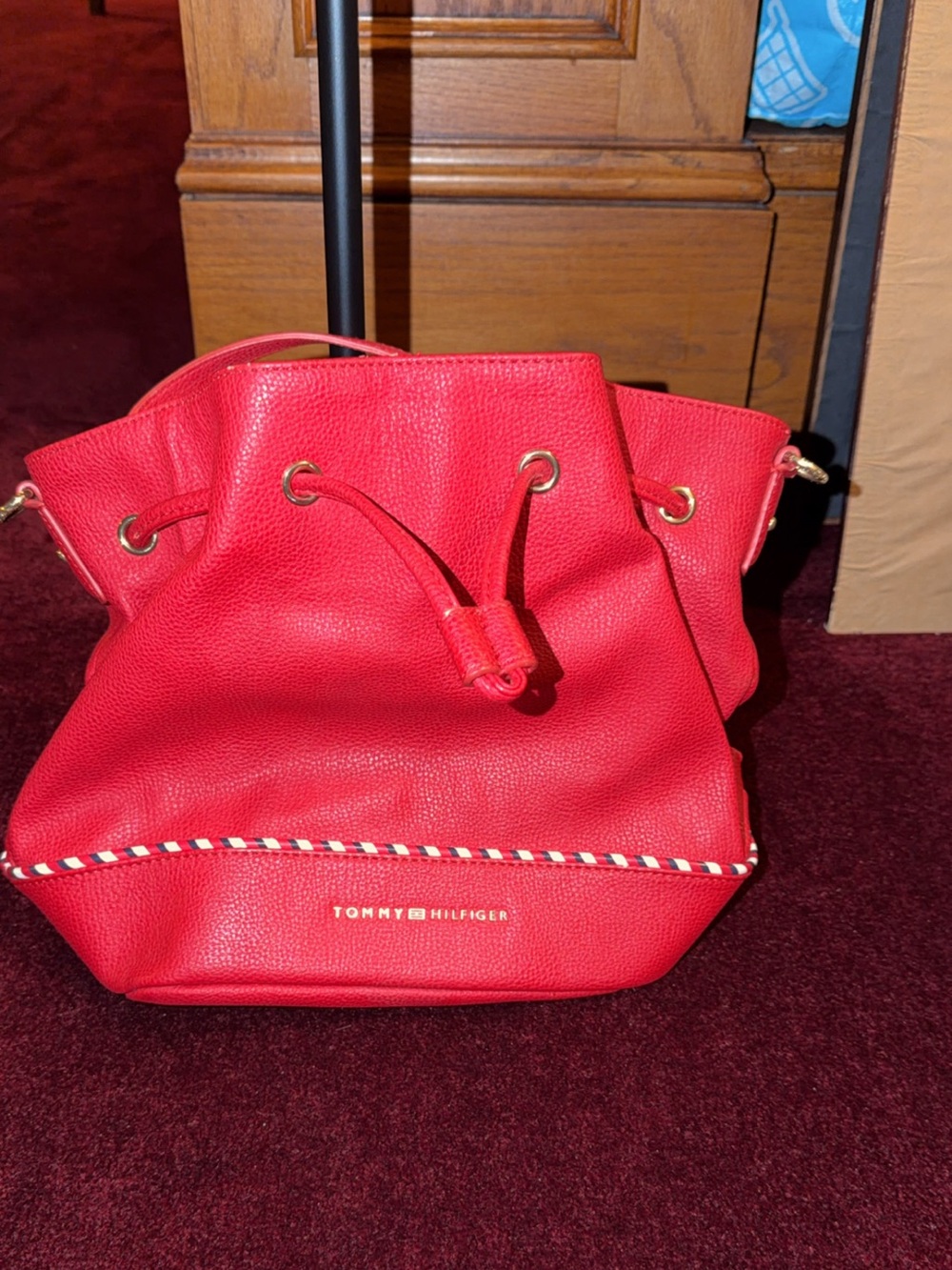 Tommy Hilfiger Red Pebbled Drawstring Bucket Bag with Tricolor Trim